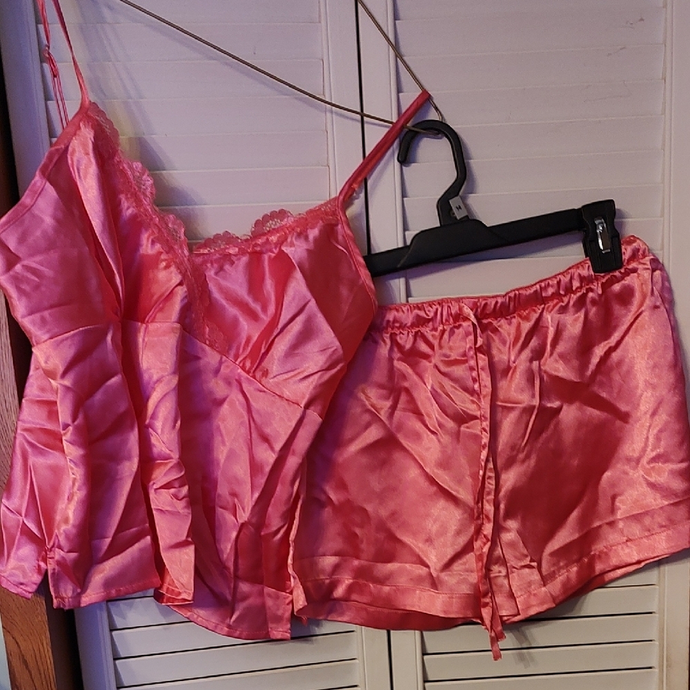 Audrey Lane Pink Satin Pajama Set with Camisole and Shorts NWOT